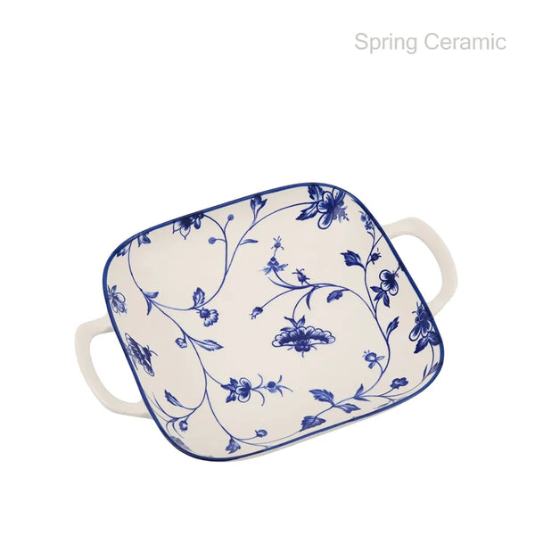 "bule floral" ceramic double ear plate with machine printing