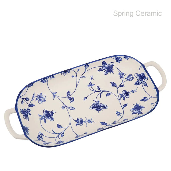 "bule floral" ceramic double ear plate with machine printing,ceramic wholesale