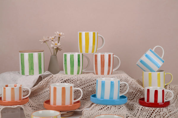 Colorful Striped Ceramic Drinkware Collection - Hand-Painted Mugs, Canister & Saucer Sets for Vintage-Inspired Home Decor