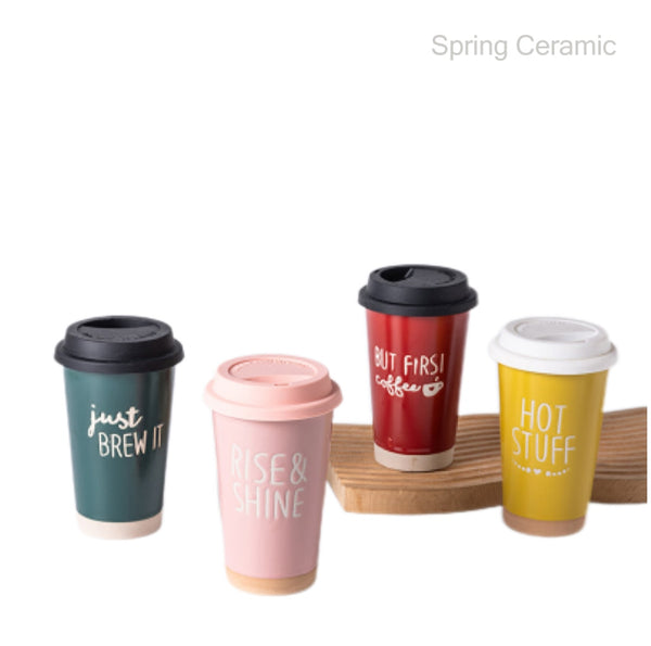 Silk design travel mug with silicone cover - SPRING CERAMIC