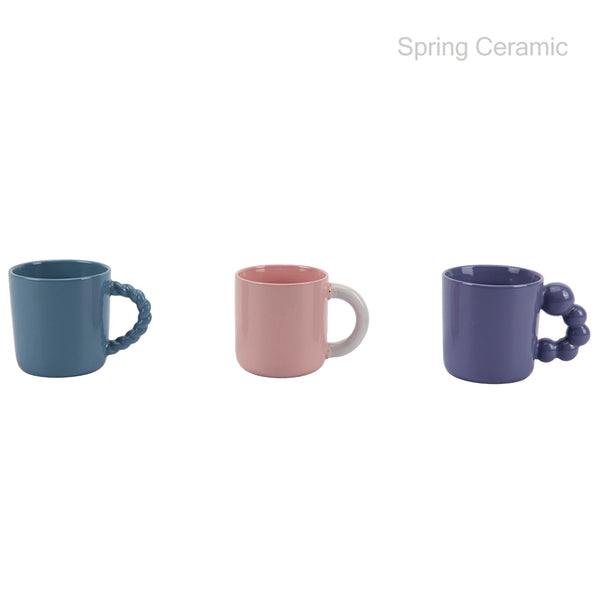 Spring Ceramic Assorted Novelty Handle Ceramic Mugs (Twisted, Color-Block, Bubble Designs)