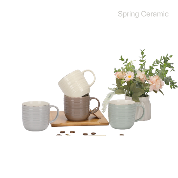 Tasse en relief de 12 oz, intérieur blanc brillant, glaçure colorée, bord extérieur doré