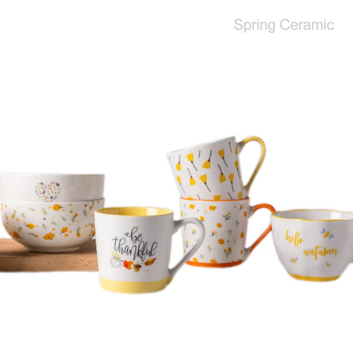 Mug & bowl with Autumn flower and leaf design - SPRING CERAMIC