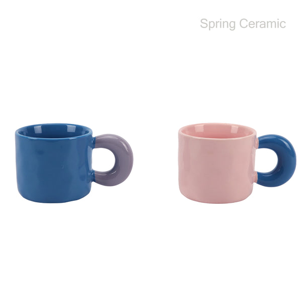 Color-Blocked Donut Handle Ceramic Mugs - Blue & Pink Creative Drinkware with Bold Design