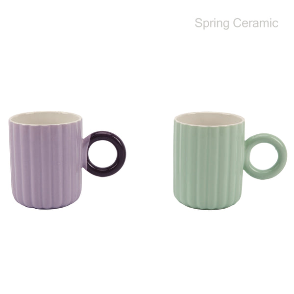 Ribbed Ceramic Mugs with Contrast Donut Handles - Lavender & Green Stylish Drinkware for Modern Kitchens