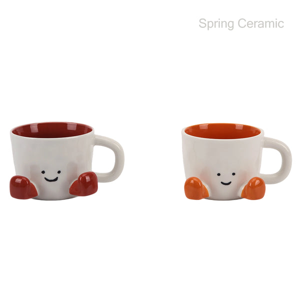 Cute Character Ceramic Mugs with Smiley Faces & Colored Feet - Playful Red & Blue Accent Drinkware