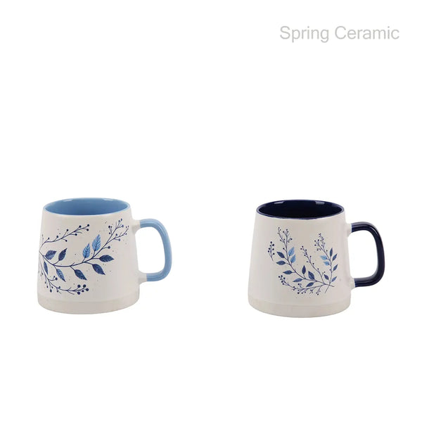 "blue floral "375ml ceramic double mold  mug with decal