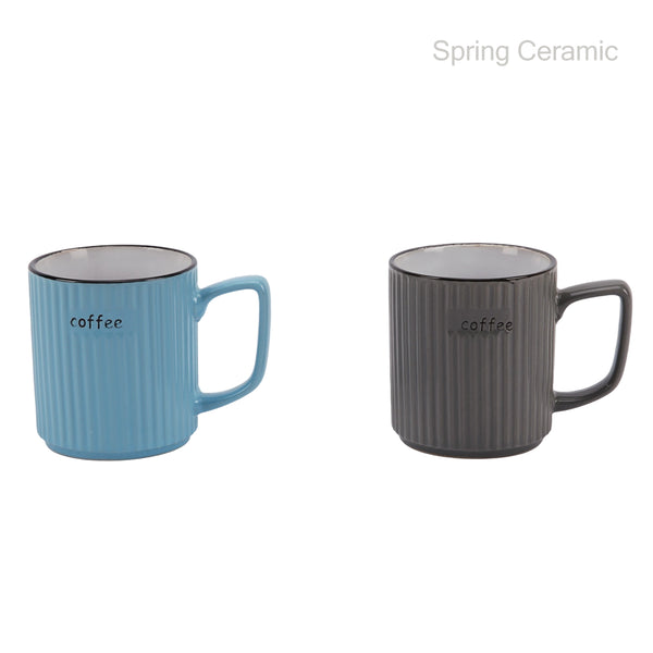 Ribbed Color-Blocked Ceramic Mugs with "Coffee" Print - Blue & Gray Stylish Drinkware for Coffee Enthusiasts