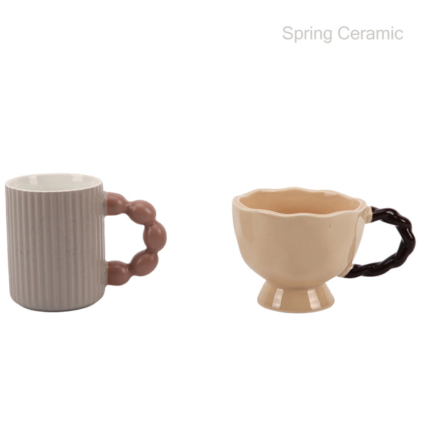 "Textured Ceramic Mugs with Unique Handles - Ribbed Gray with Bubble Grip & Beige Scalloped-Edge with Twisted Handle Artisan Drinkware"