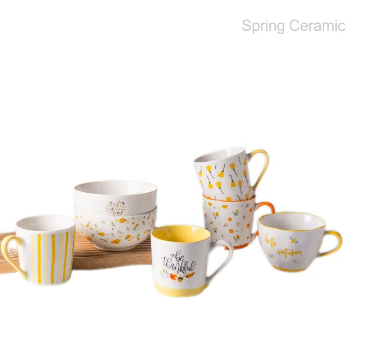 Mug & bowl with Autumn flower and leaf design - SPRING CERAMIC