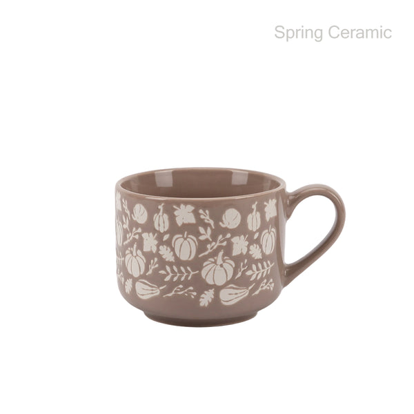 Spring Ceramic Warm Brown Ceramic Cup, pumpkin autumn leaf print, country-style autumn drinking ware, retro artistic coffee cup, teacup
